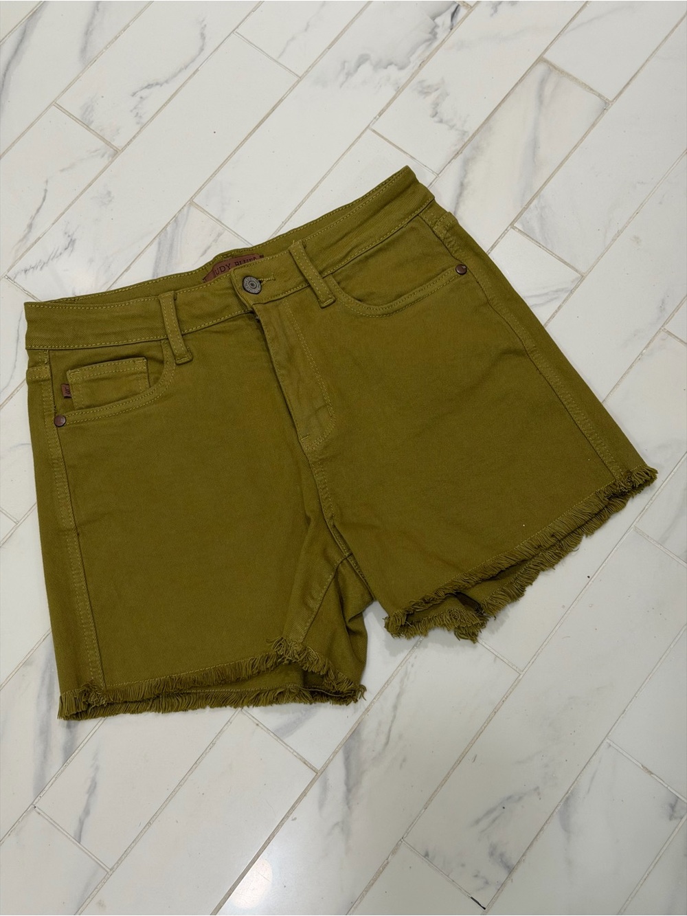 Judy Blue Olive Green Frayed Hem Stretch Denim Shorts Size Medium